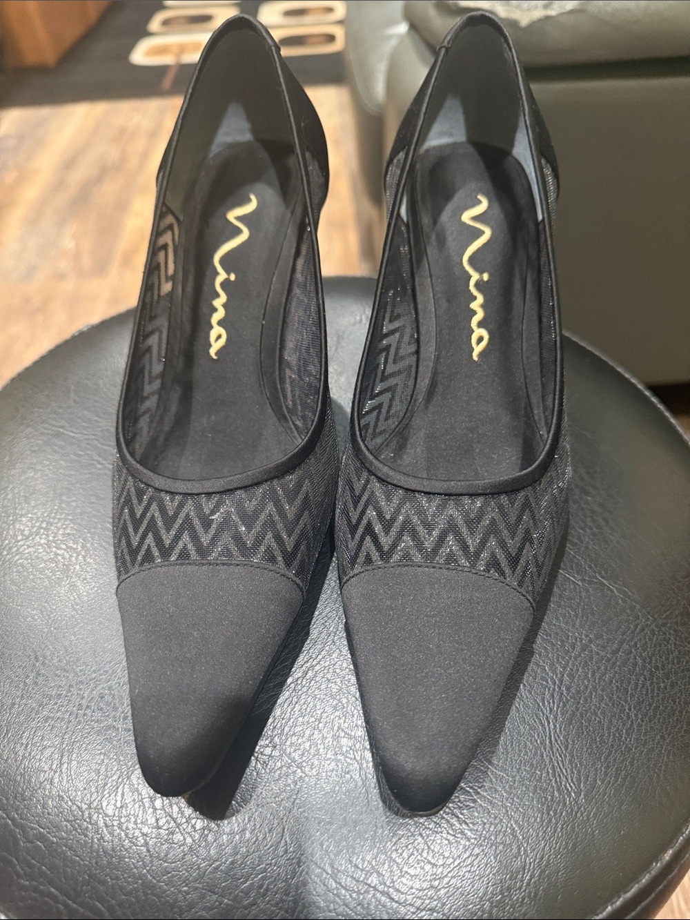 Nina Black Pointed-Toe Chevron Mesh Pumps
